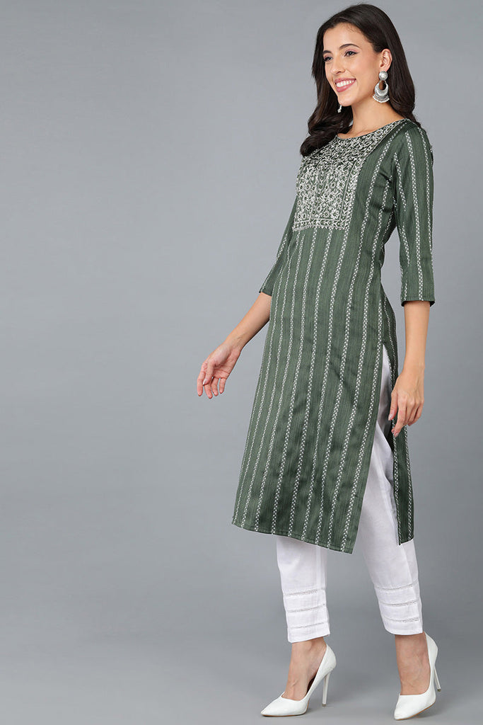 Green Cotton Striped Yoke Design Straight Kurta 