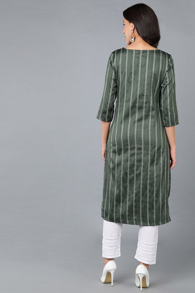 Green Cotton Striped Yoke Design Straight Kurta 