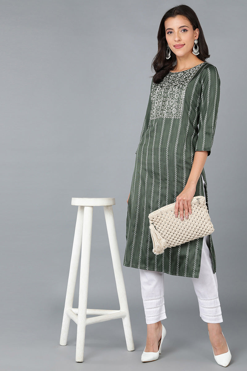 Green Cotton Striped Yoke Design Straight Kurta 