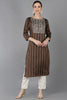 Brown Cotton Yoke Design Striped Printed Straight Kurta 