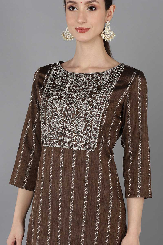 Brown Cotton Yoke Design Striped Printed Straight Kurta 