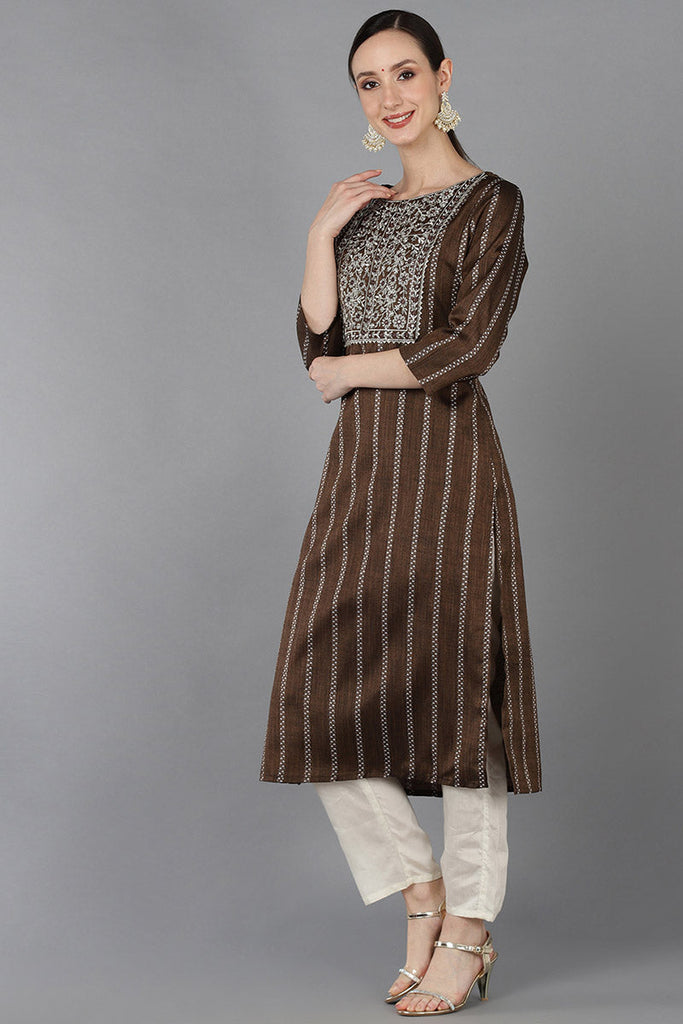 Brown Cotton Yoke Design Striped Printed Straight Kurta 