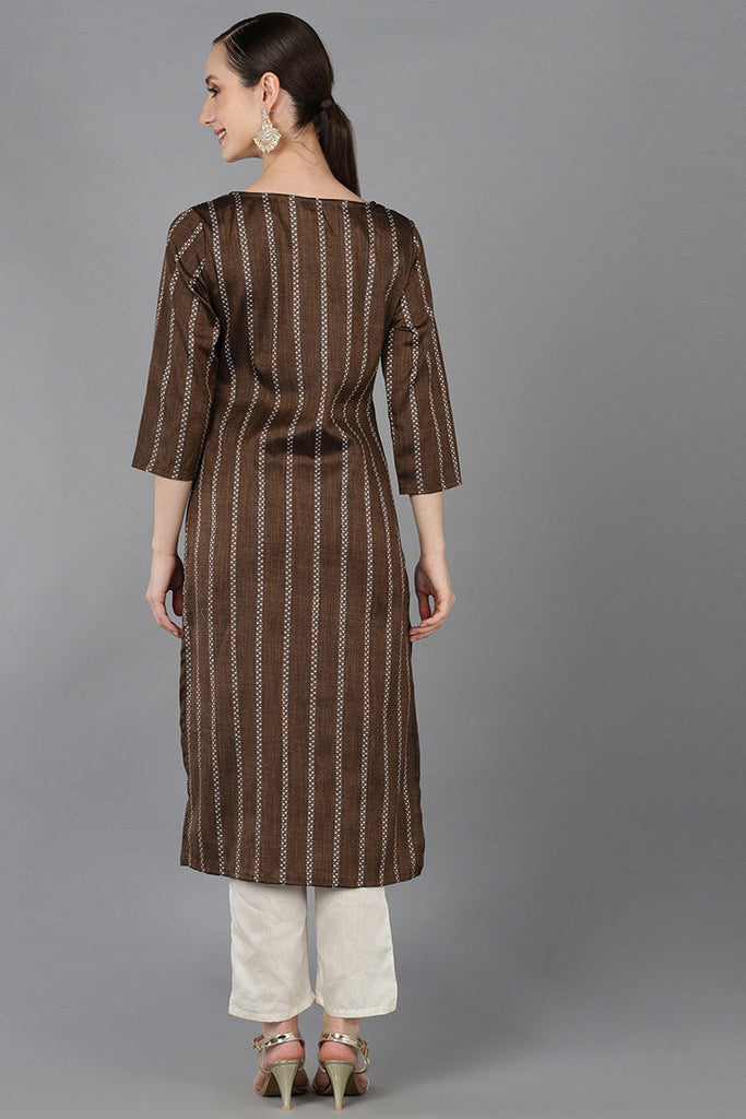 Brown Cotton Yoke Design Striped Printed Straight Kurta 