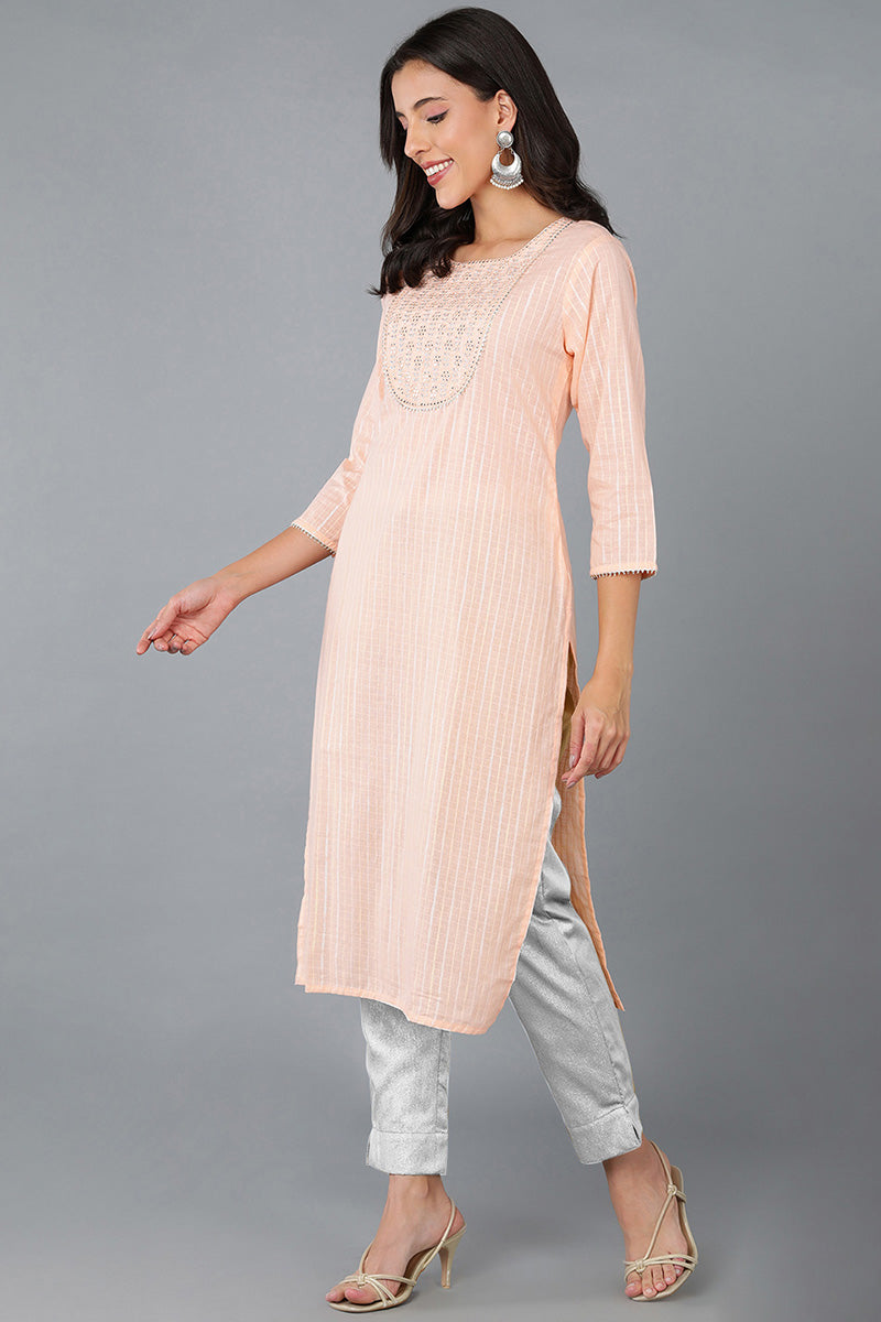 Peach Cotton striped Round Neck straight Kurta VCK8933