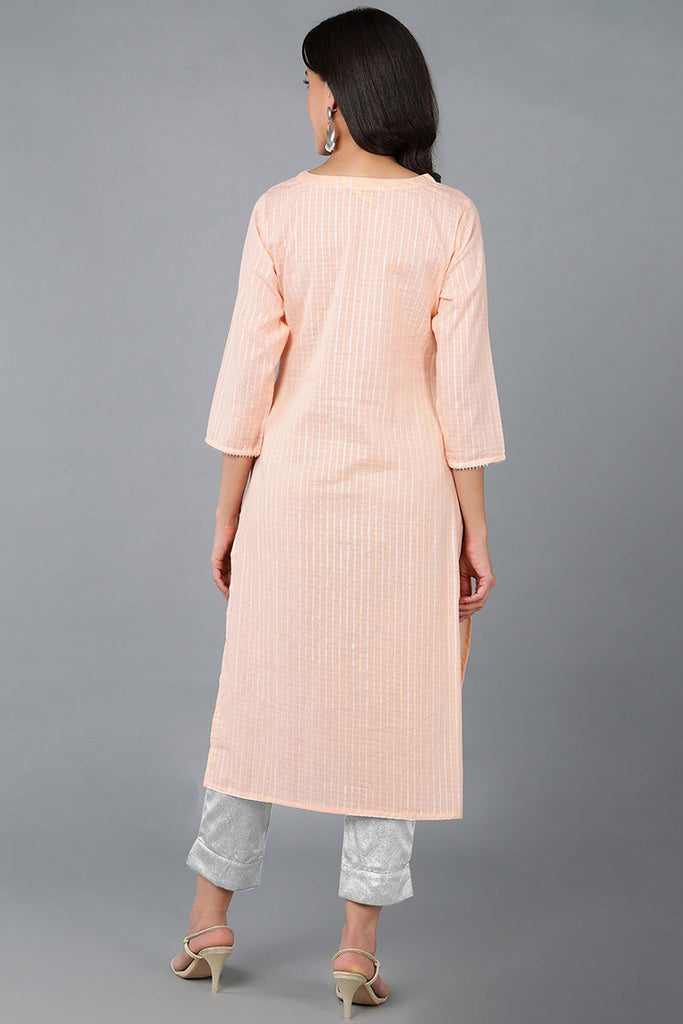 Peach Cotton striped Round Neck straight Kurta VCK8933