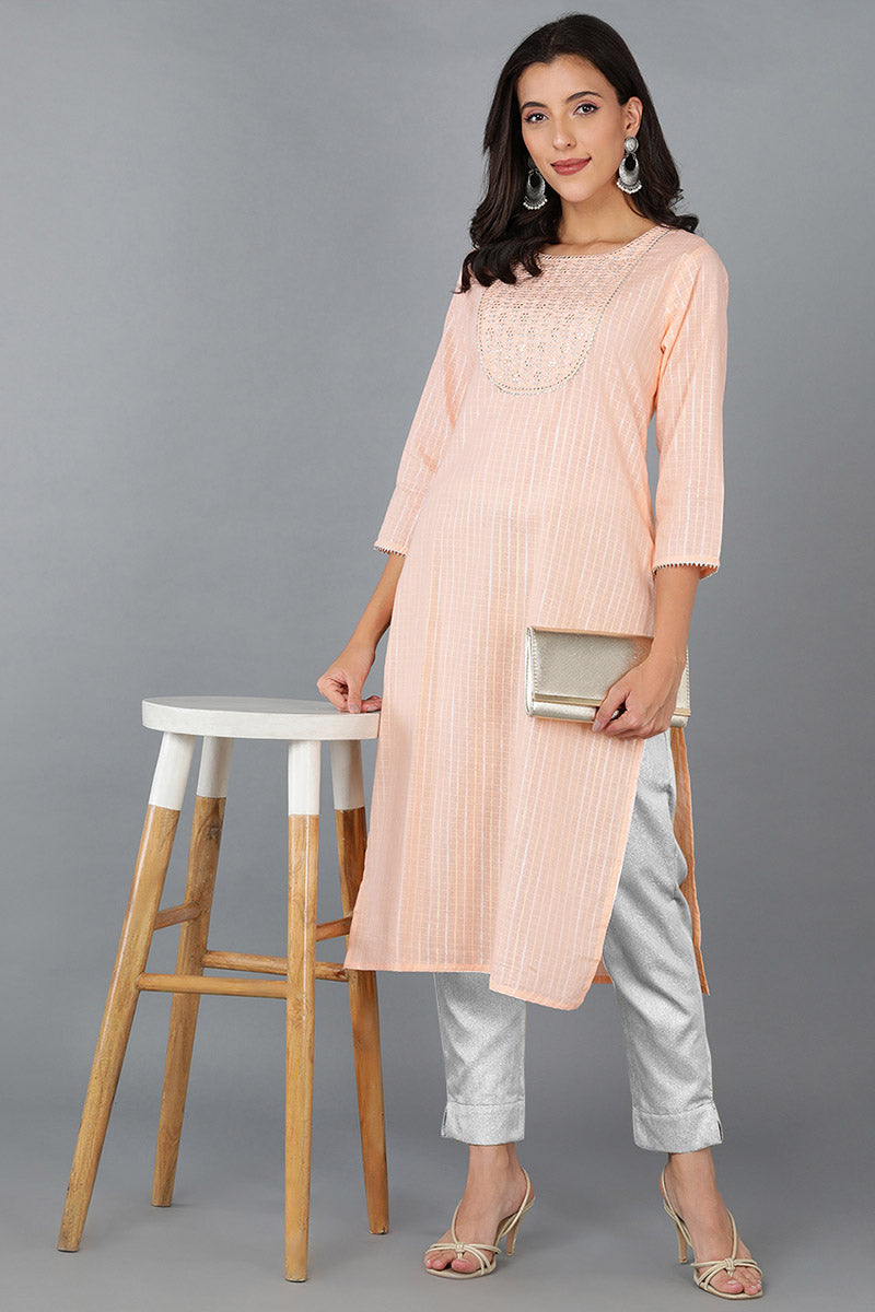 Peach Cotton striped Round Neck straight Kurta VCK8933