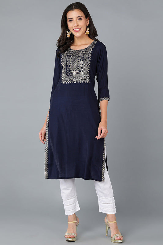 Navy Blue Silk Blend Solid Yoke Design Straight Kurta 