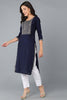 Navy Blue Silk Blend Solid Yoke Design Straight Kurta 