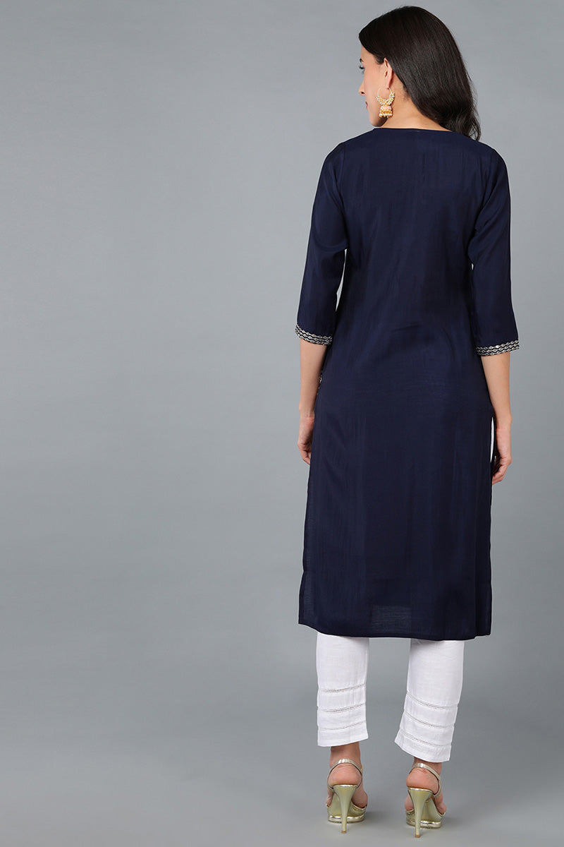 Navy Blue Silk Blend Solid Yoke Design Straight Kurta 