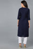 Navy Blue Silk Blend Solid Yoke Design Straight Kurta 