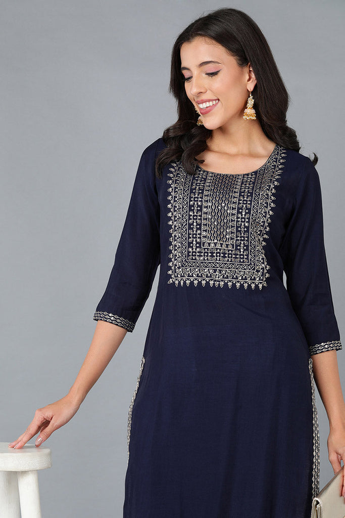 Navy Blue Silk Blend Solid Yoke Design Straight Kurta 