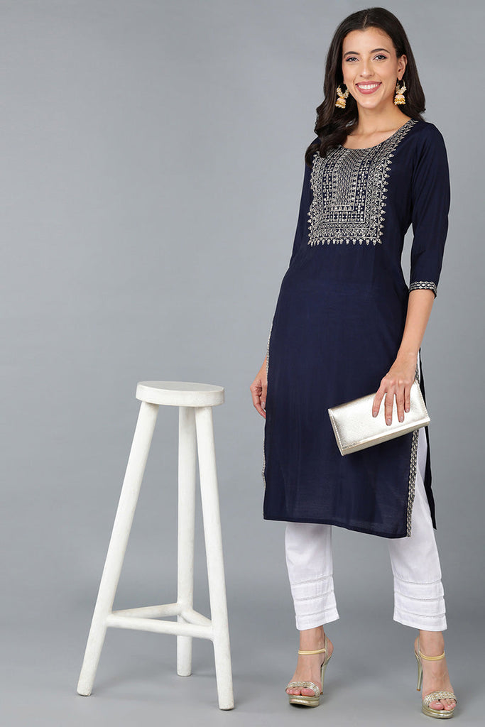 Navy Blue Silk Blend Solid Yoke Design Straight Kurta 