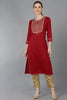 Red Silk Blend Yoke Design Straight Kurta 