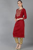 Red Silk Blend Yoke Design Straight Kurta 