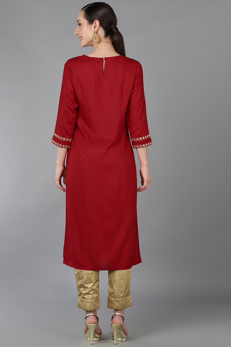 Red Silk Blend Yoke Design Straight Kurta 