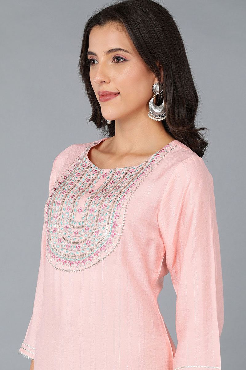 Pink Cotton Solid Yoke Design Straight Kurta 