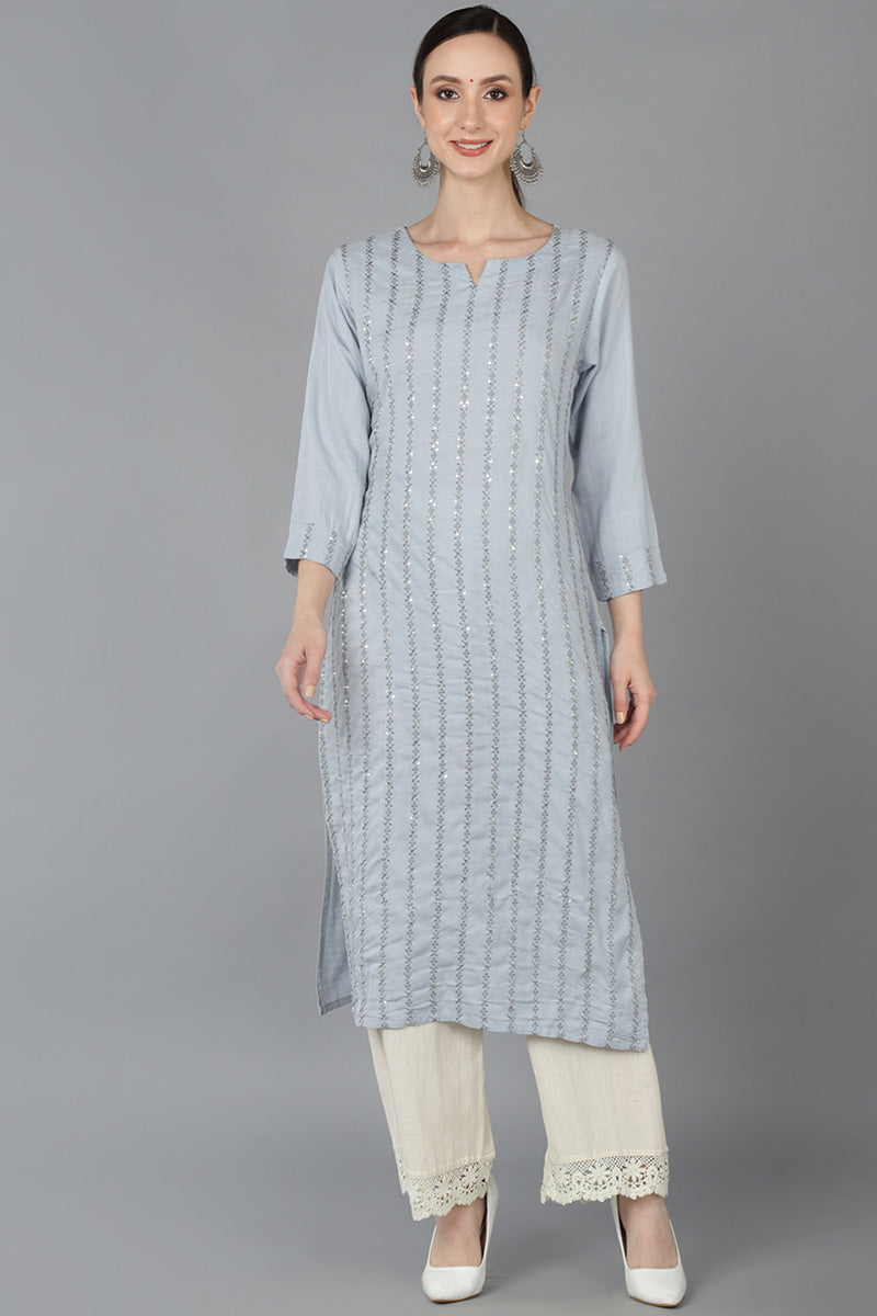 Grey Cotton Blend Embroidered Round Neck straight Kurta 