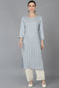 Grey Cotton Blend Embroidered Round Neck straight Kurta 