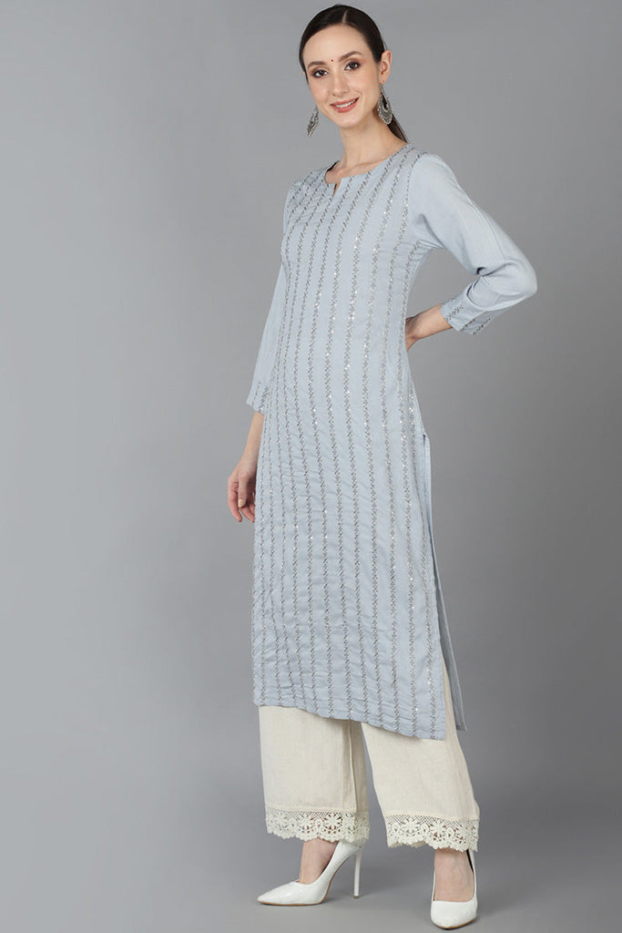 Grey Cotton Blend Embroidered Round Neck straight Kurta 