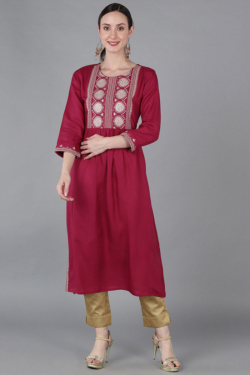  Women Burgundy Silk Yoke Design Kurta 