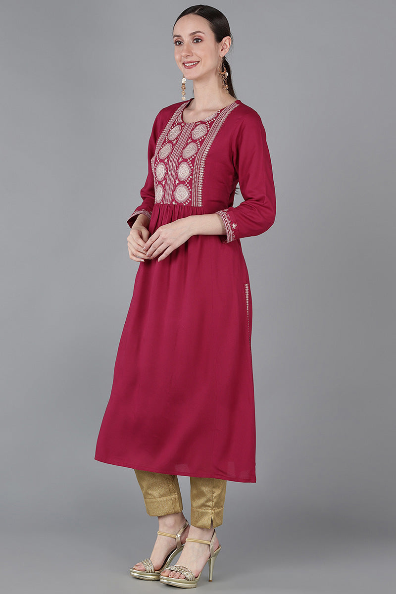  Women Burgundy Silk Yoke Design Kurta 