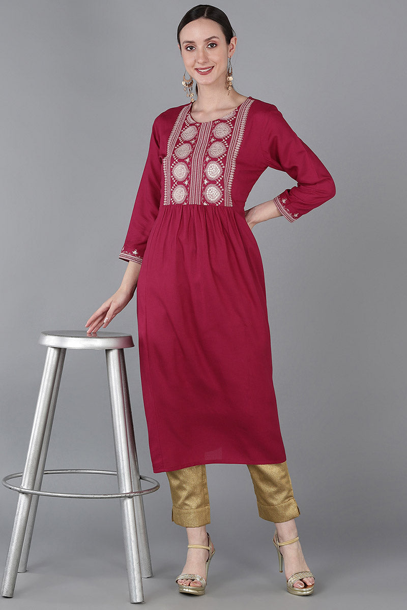  Women Burgundy Silk Yoke Design Kurta 