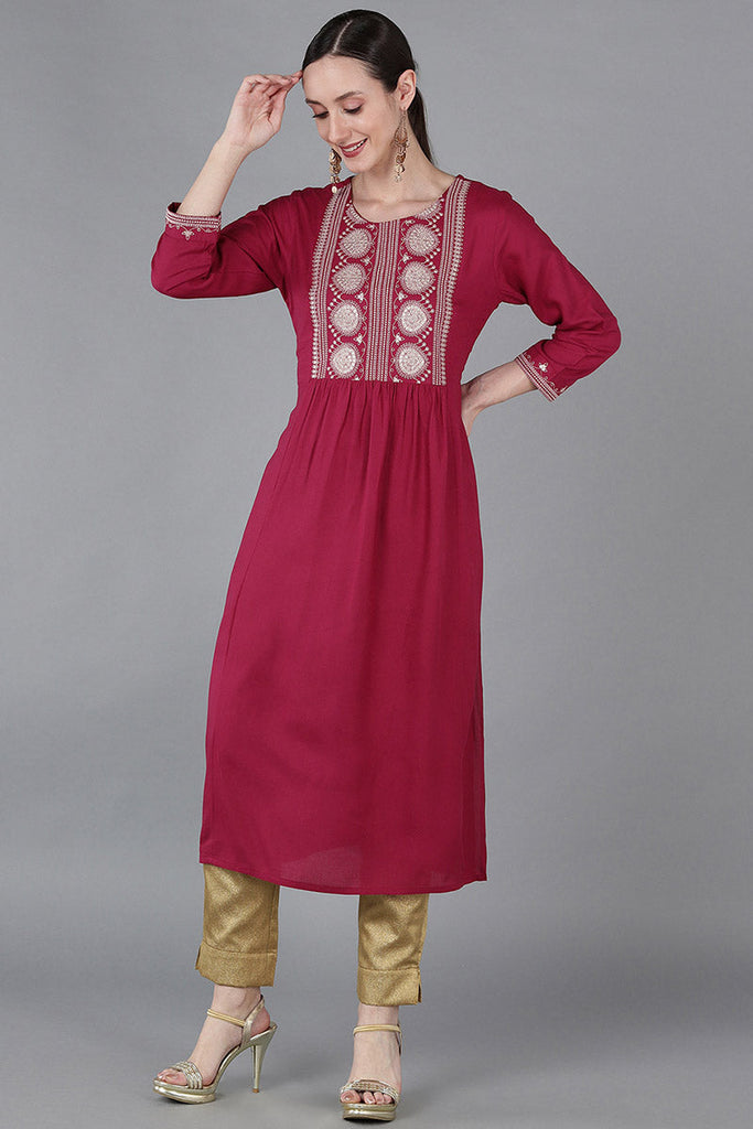  Women Burgundy Silk Yoke Design Kurta 