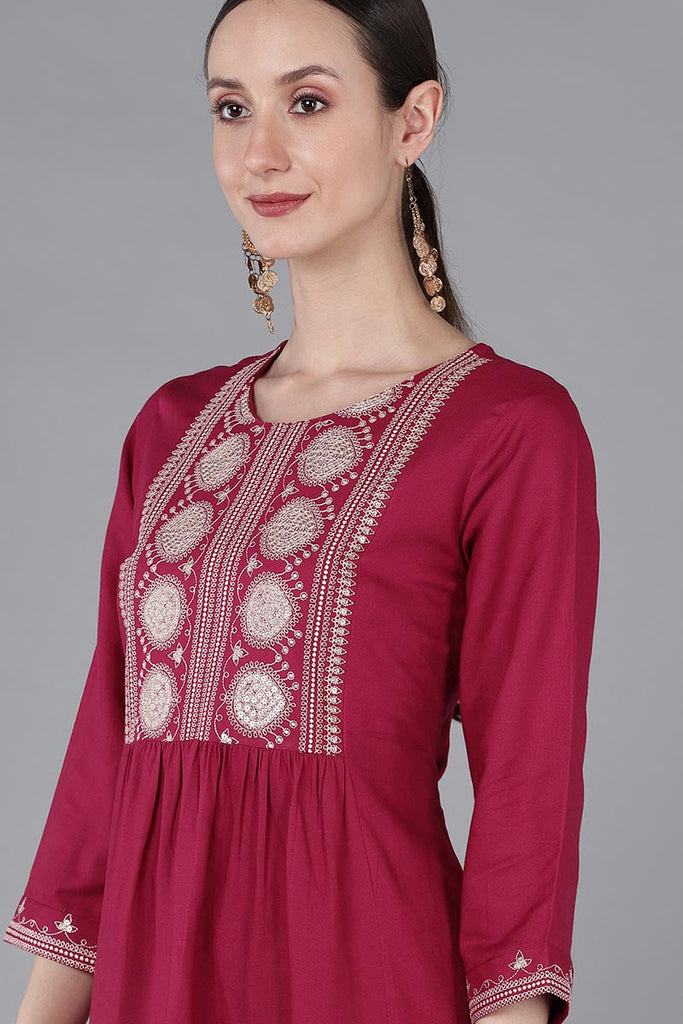  Women Burgundy Silk Yoke Design Kurta 