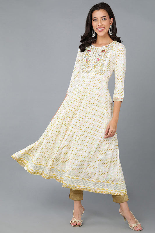 Cream Viscose Rayon Polka Dots Embroidered Anarkali Kurta 