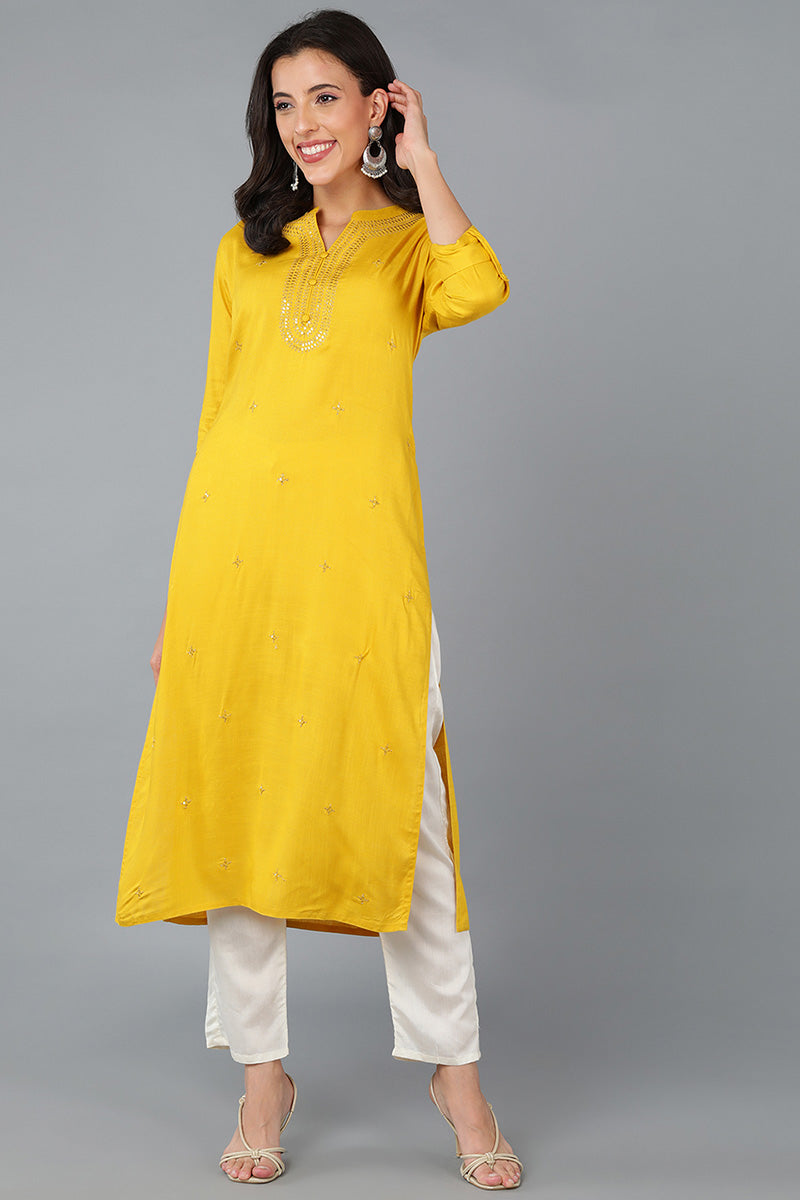 Yellow Cotton Blend Solid Embroidered Straight Kurta 