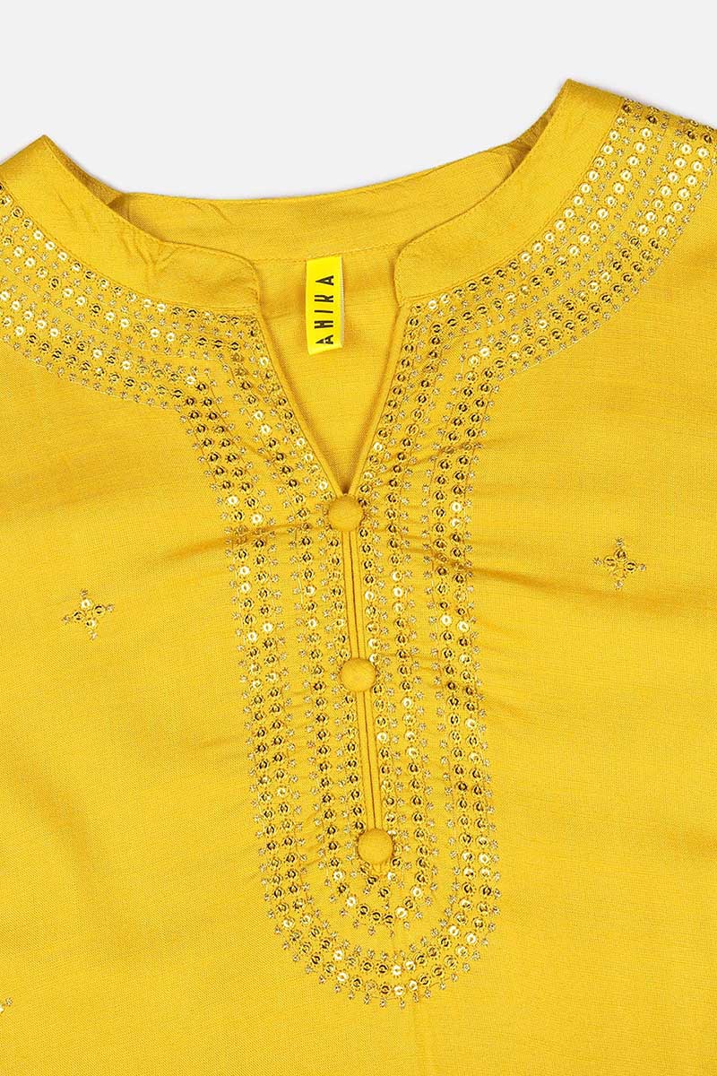 Yellow Cotton Blend Solid Embroidered Straight Kurta 