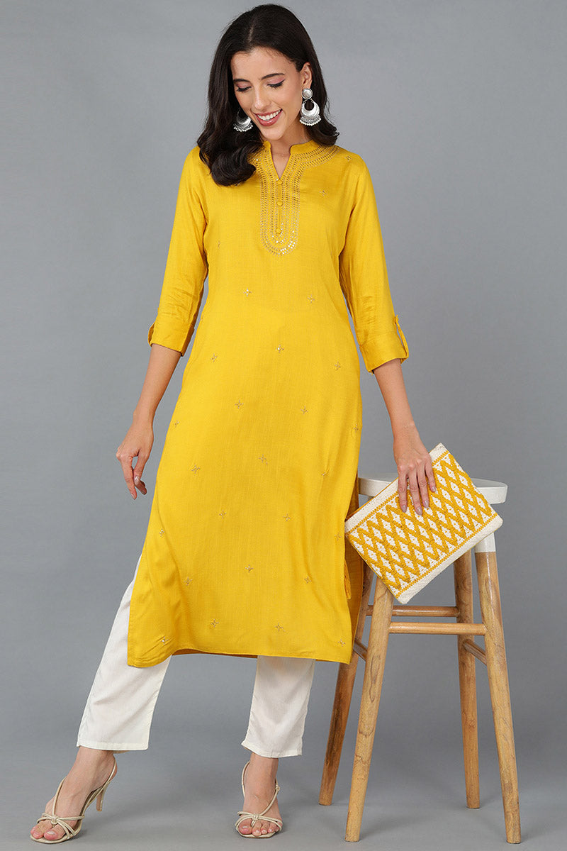 Yellow Cotton Blend Solid Embroidered Straight Kurta 