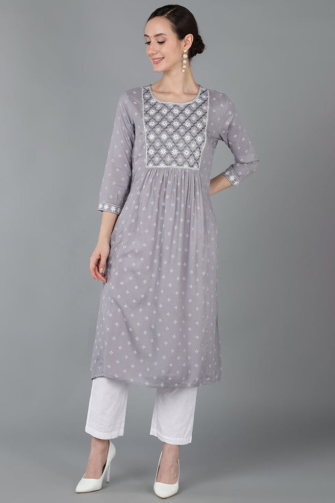 Grey Cotton Floral Straight Kurta VCK8970