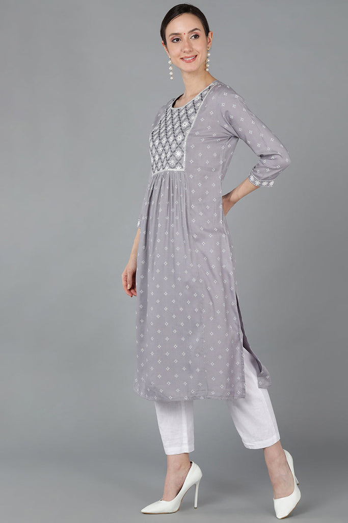 Grey Cotton Floral Straight Kurta VCK8970