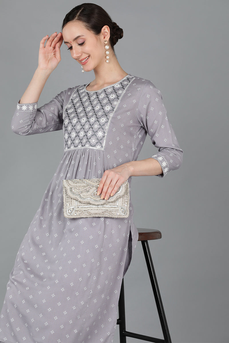 Grey Cotton Floral Straight Kurta VCK8970