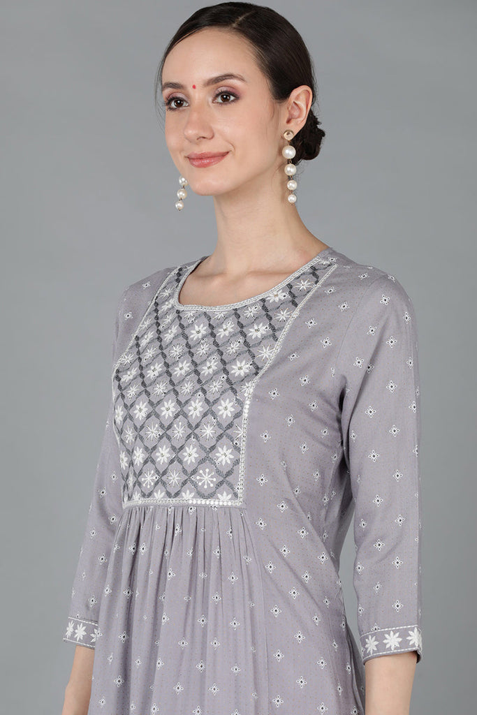 Grey Cotton Floral Straight Kurta VCK8970