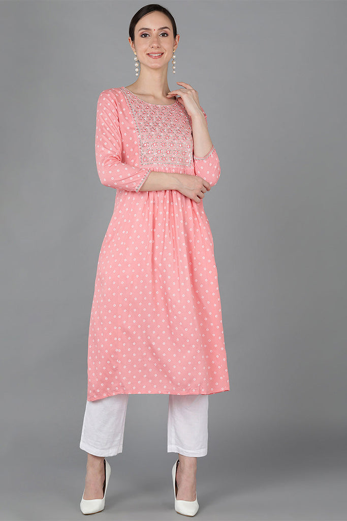 Pink Chanderi Silk Bandhani Print Straight Kurta VCK8971