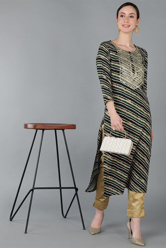 Green Viscose Rayon Striped Straight Kurta VCK8974