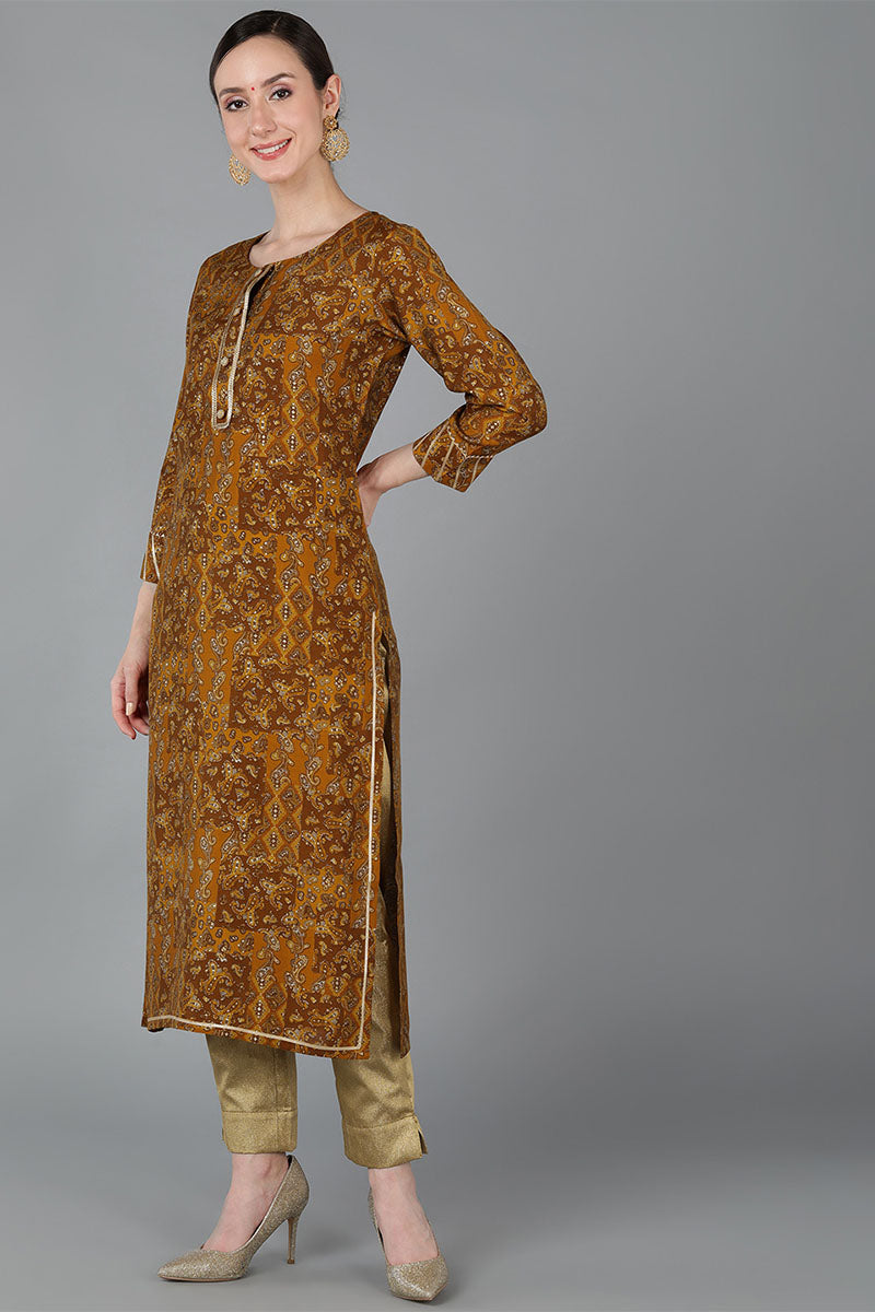 Mustard Chanderi Silk Ethnic Motifs Straight Kurta VCK8975