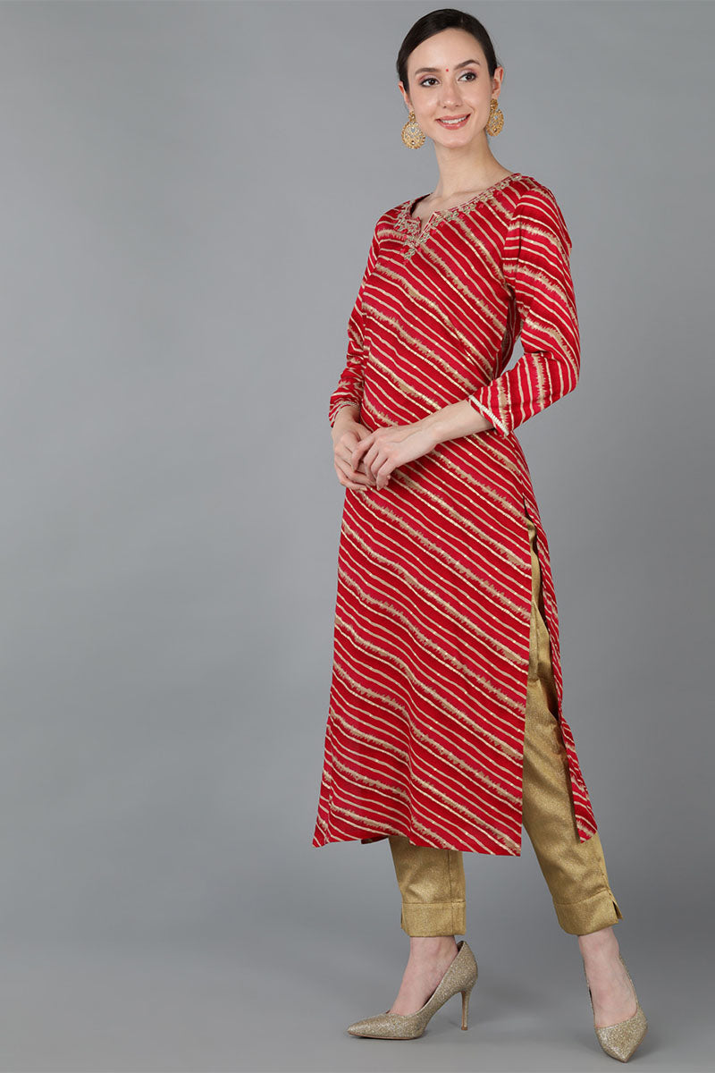 Red Chanderi Silk Leheriya Straight Kurta VCK8977