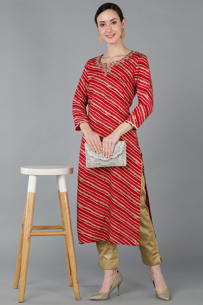 Red Chanderi Silk Leheriya Straight Kurta VCK8977