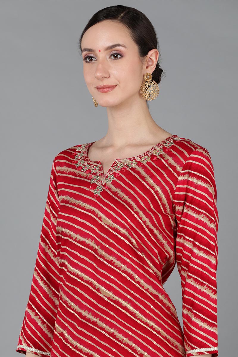 Red Chanderi Silk Leheriya Straight Kurta VCK8977