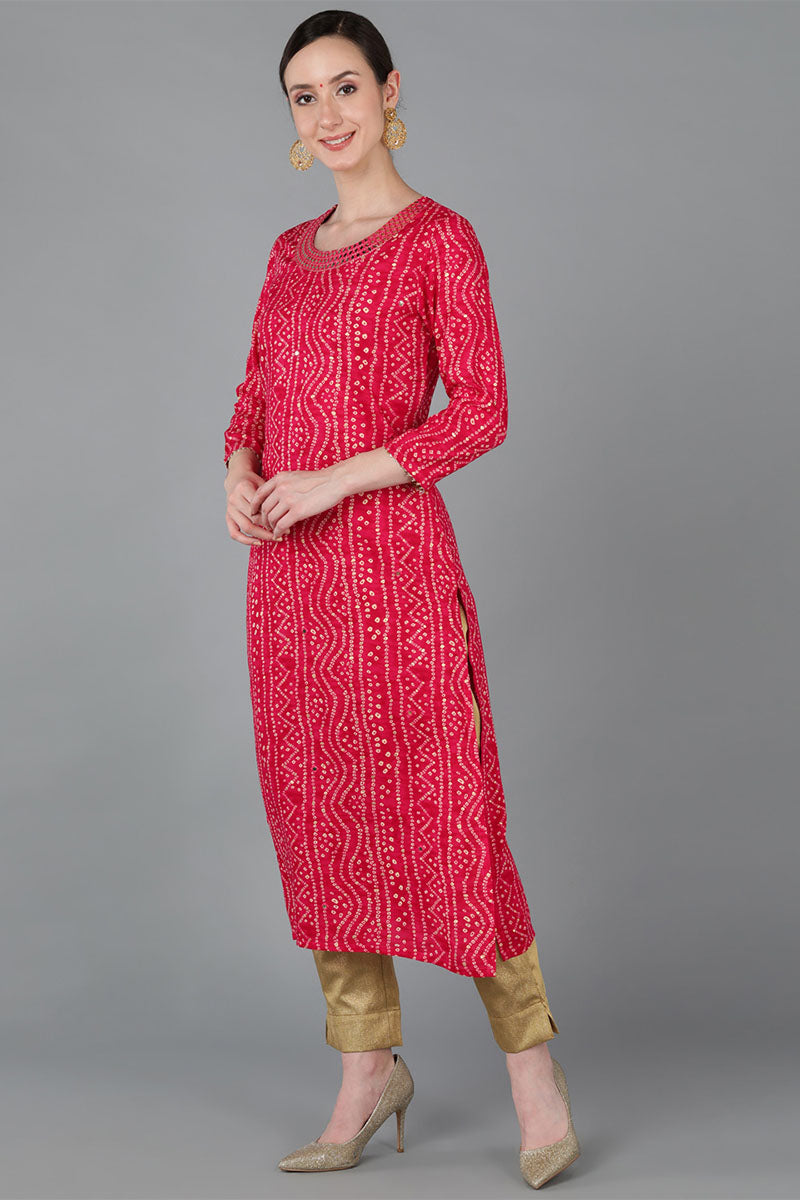 Red Chanderi Silk Bandhani Straight Kurta VCK8978