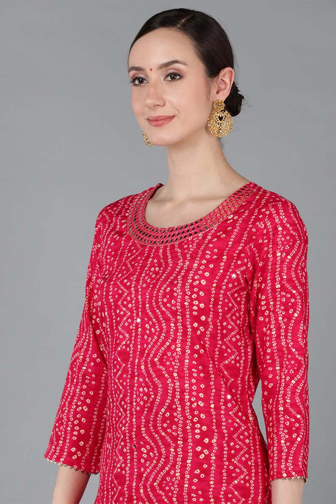 Red Chanderi Silk Bandhani Straight Kurta VCK8978