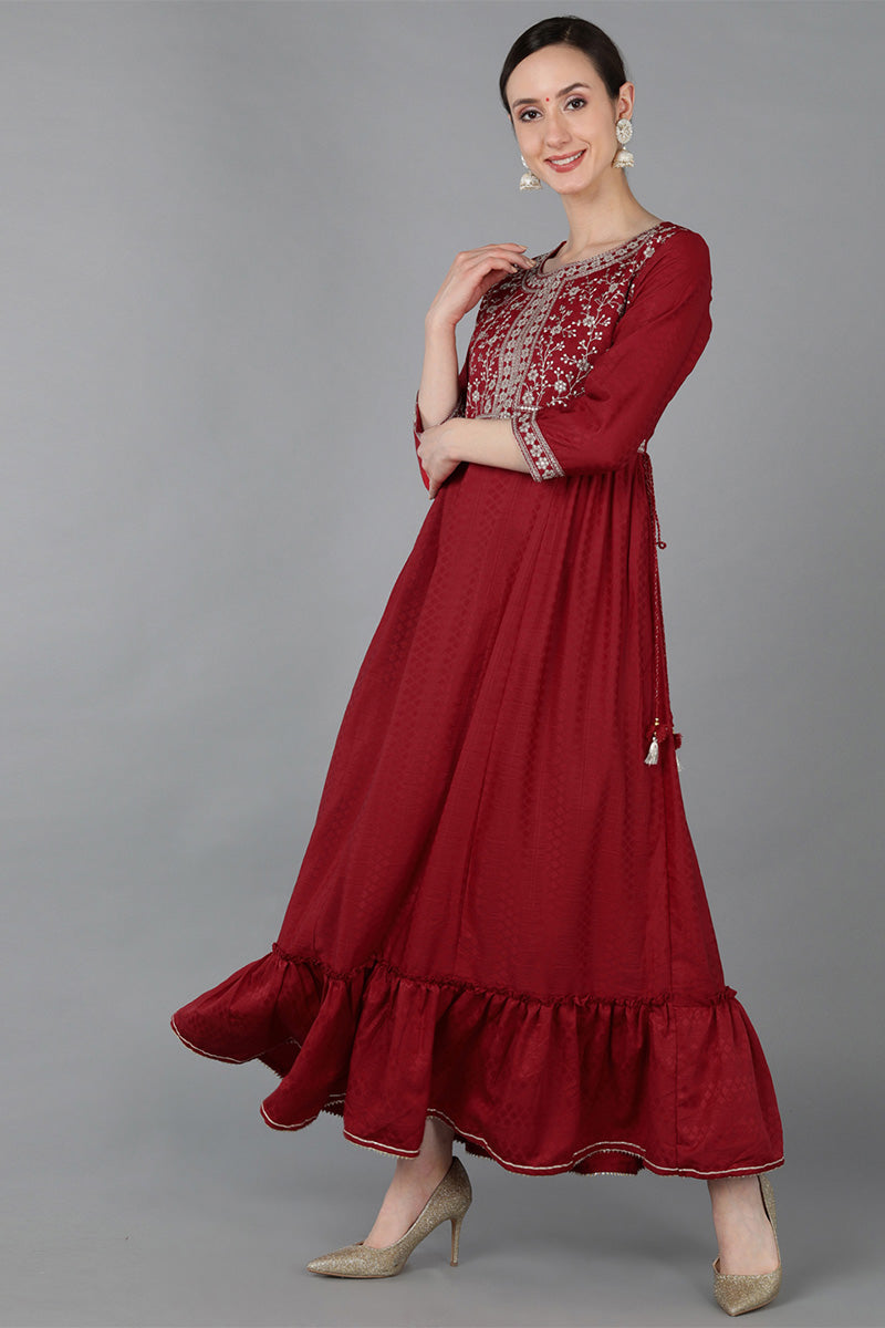 Maroon Chanderi Silk Ethnic Motifs A-Line Kurta VCK8983