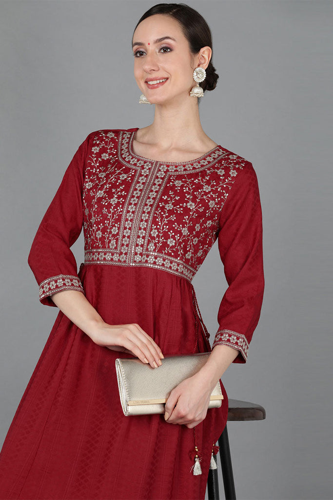 Maroon Chanderi Silk Ethnic Motifs A-Line Kurta VCK8983