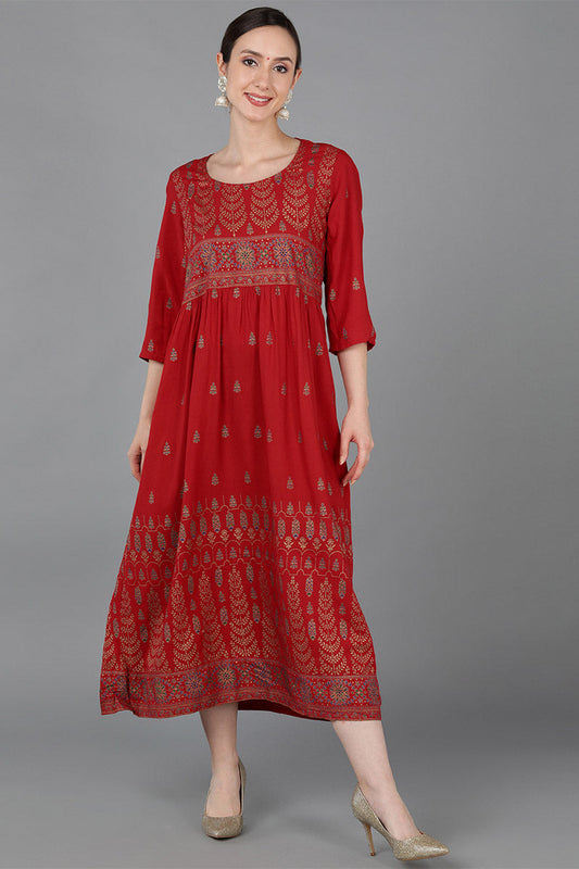 Red Viscose Rayon Ethnic Motifs A-Line Kurta VCK8984