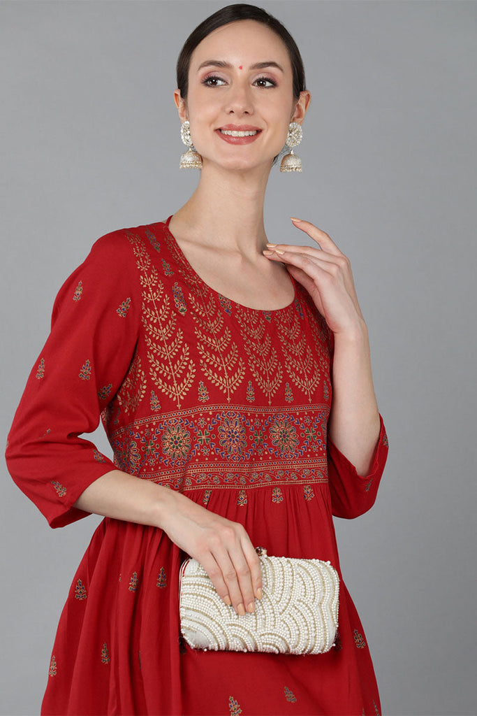 Red Viscose Rayon Ethnic Motifs A-Line Kurta VCK8984