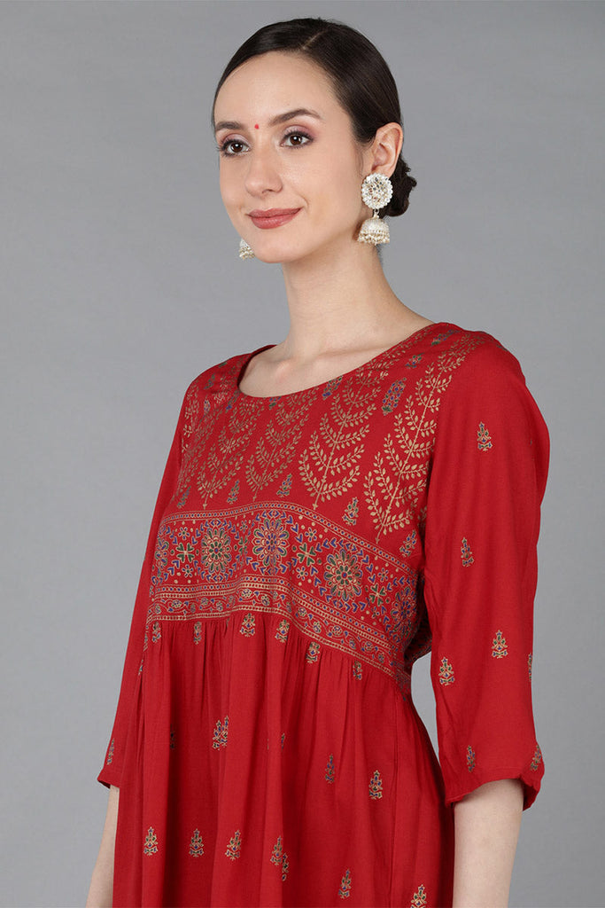 Red Viscose Rayon Ethnic Motifs A-Line Kurta VCK8984