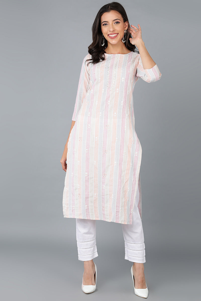 Multi Cotton Striped Embroidered Straight Kurta 